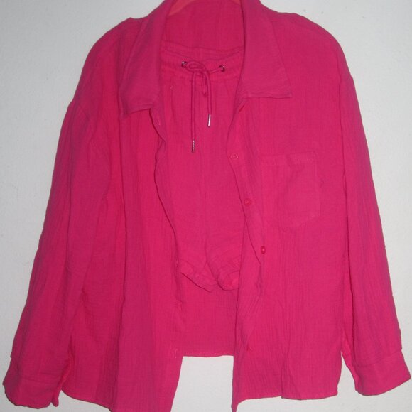 Crinkled Fabric Long Sleeve Shirt with Adjustable Shorts-2 Piece Set  Fuchsia - Picture 2 of 8